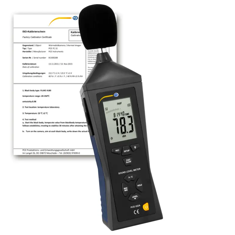 Décibelmètre PCE-322A avec certificat d'étalonnage ISO