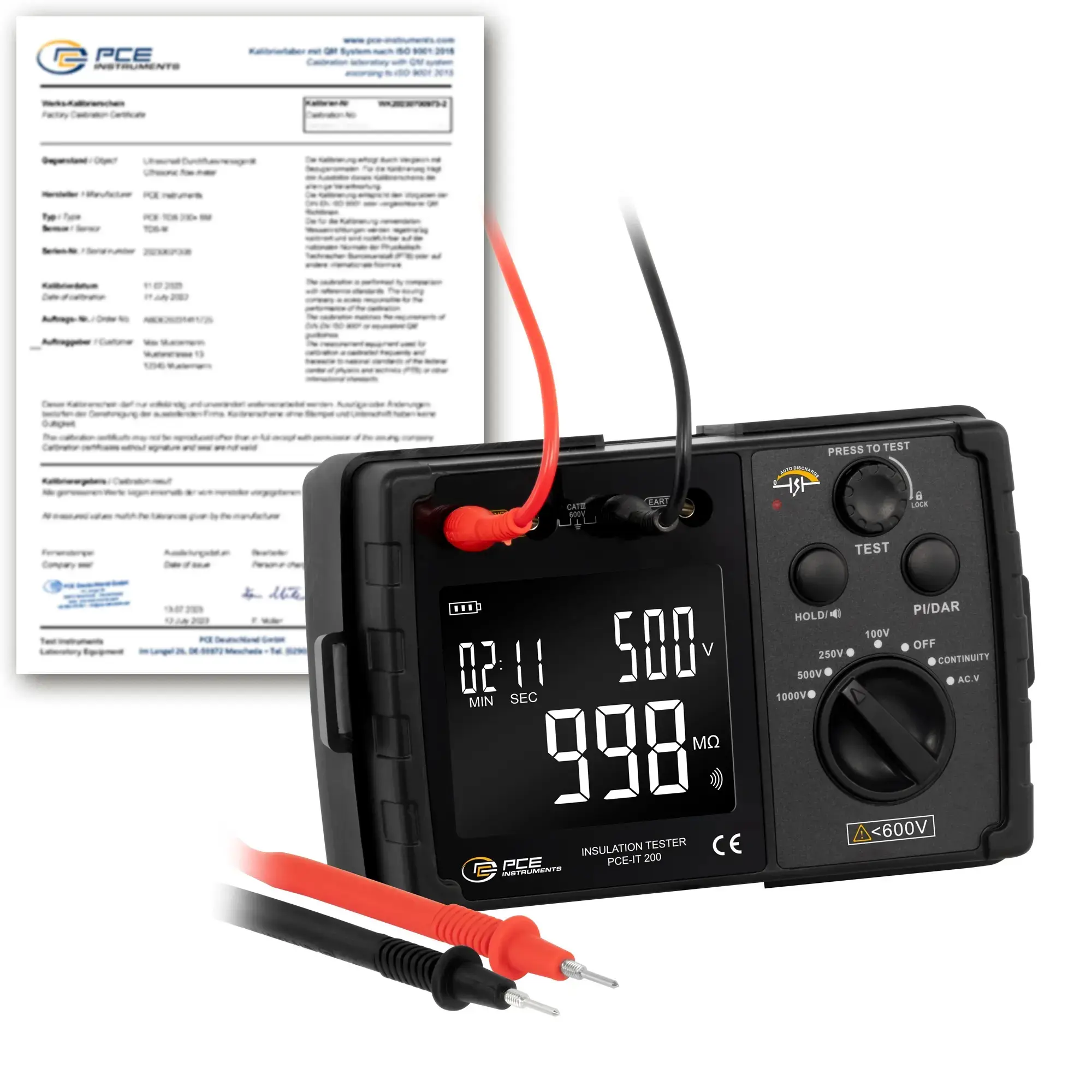 Ohmmètre PCE-IT 200-ICA avec certificat d'étalonnage ISO