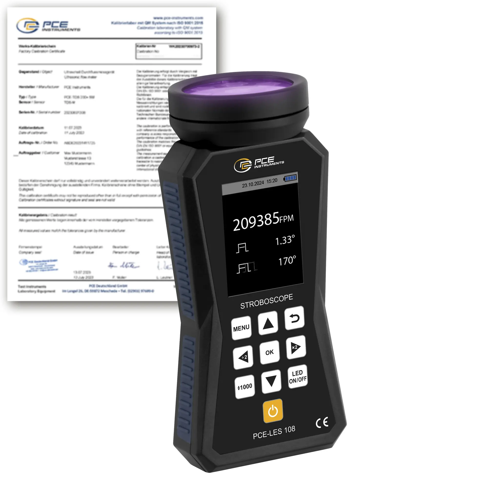 Tachymètre PCE-LES 108UV-385-ICA avec certificat d'étalonnage ISO