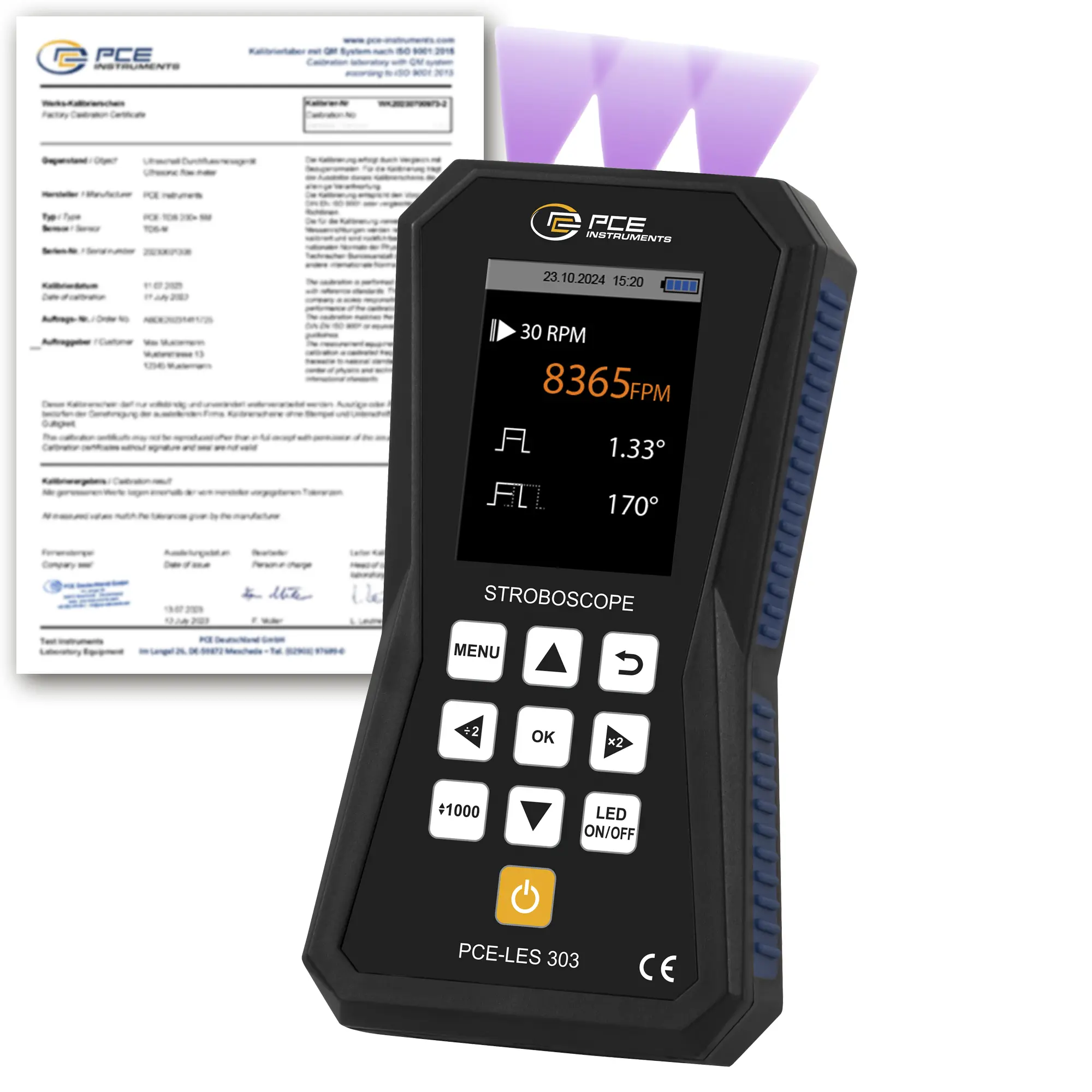 Tachymètre PCE-LES 303UV-365-ICA avec certificat d'étalonnage ISO